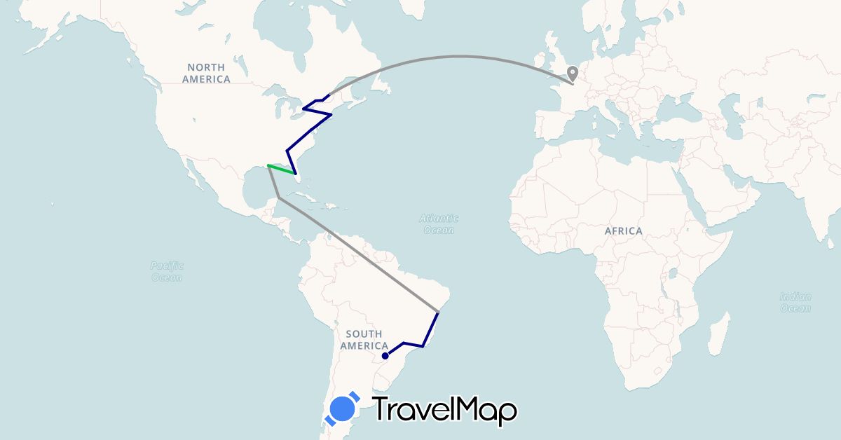 TravelMap itinerary: driving, bus, plane in Brazil, Canada, France, Mexico, United States (Europe, North America, South America)